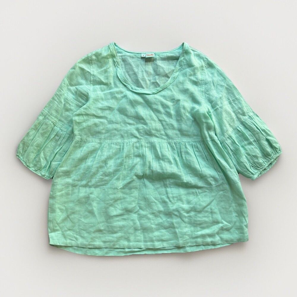 Tianello Womens Linen Shirt Shelby 3/4 Sleeve Empire Waist Mint Green Size Small